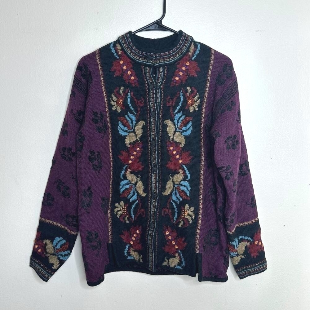 Vtg Nordic Design Wool Sweater Button Up Cardigan Purple Vintage size Medium
